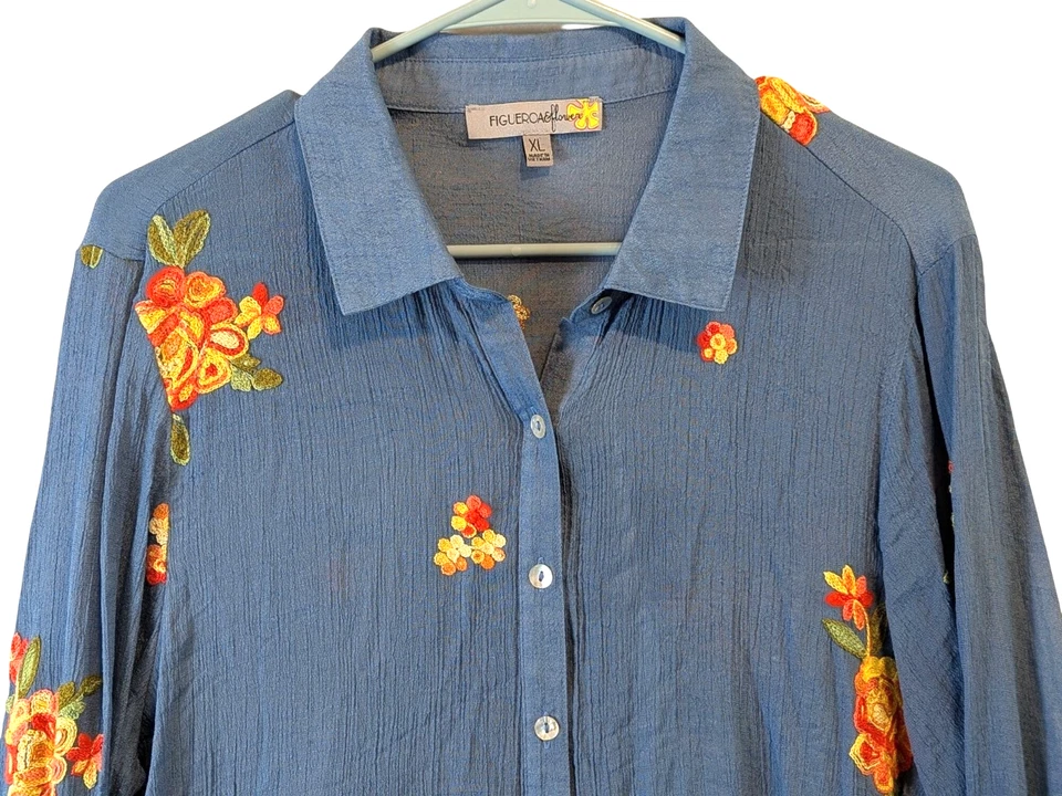 Blusa Boho Campesina Figueroa & Flower Mujer XL Azul Bordado Botón Top Foto 3 de 4