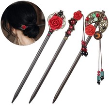 3 Pieces Chinese Hair Stick Japanese Retro Wooden 3 Piece Set, Multicolor