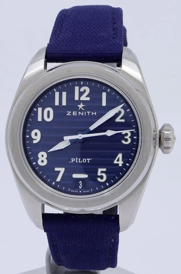 Zenith ref 03.4000.3620/51.I003 Steel Auto 40mm Blue Dial Pilot on Strap w/B&P