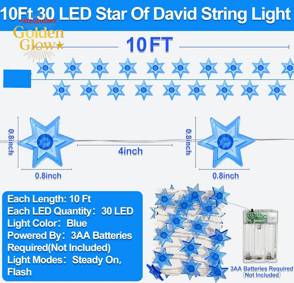 10 футов 30 светодиодов украшение для Хануки звезда Давида струнные гирлянды таймер гирлянды для Хануки - Изображение 2 из 4