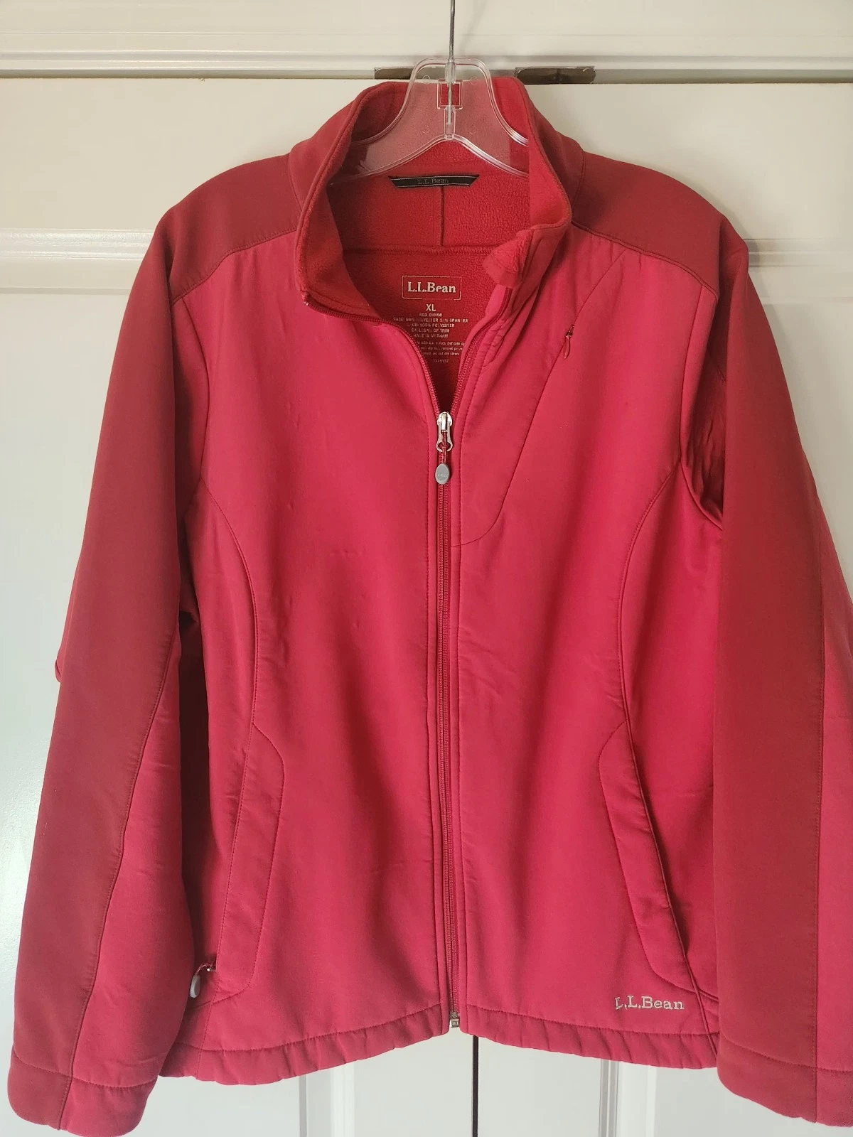 LL Bean Mens Size XL Soft Shell Jacket Fleece Lined Red Zip Pockets Mid Weight