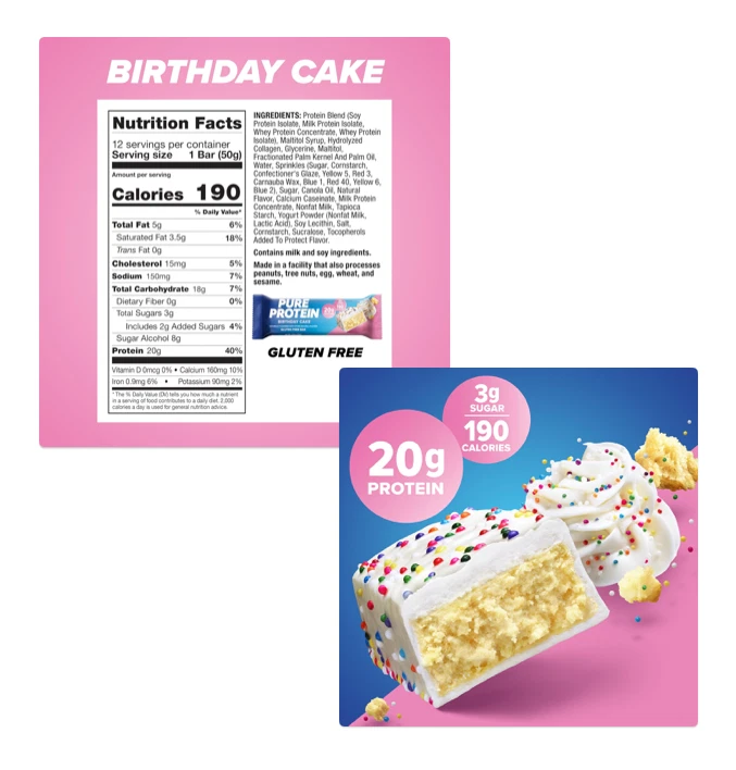 Pure Protein Bars, Birthday Cake, 20g Protein, GF, Low Sugar - 44 Bars - Image 2 of 2