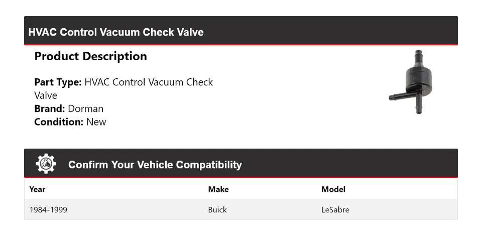 Válvula de retención de vacío de control de climatización para Buick LeSabre Dorman 1984-1999 1985 1986 Foto 2 de 4