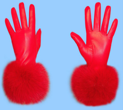 NEW Womens size 6.5 -Small GENUINE RED LEATHER GLOVES with DYED RED FOX FUR TRIM