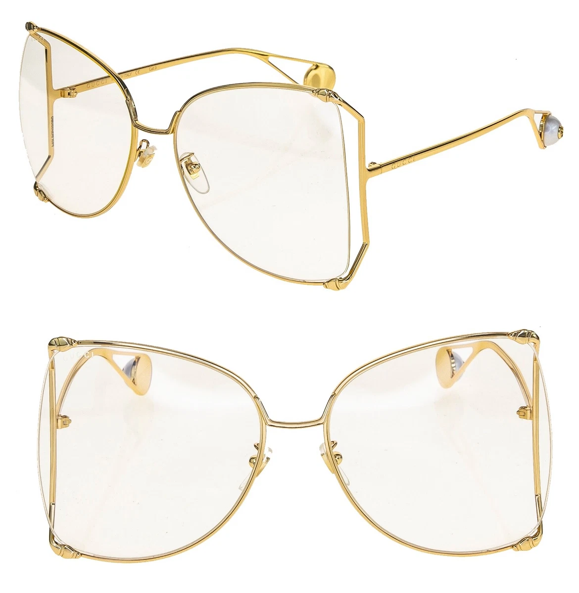 GUCCI 0252 Gold Clear Style Oversized Metal Fashion Pearl