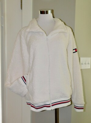 Tommy Hilfiger Sz L Sherpa Bomber Jacket Iconic Varsity Stripe 