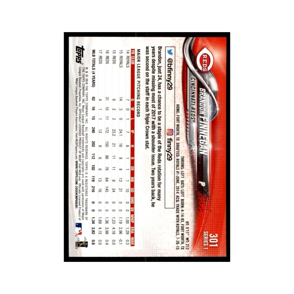 Brandon Finnegan 2018 Topps #301 Cincinnati Reds Baseball Card NM - Image 2 of 3