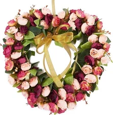 Heart Wreath Artificial Pink Rose Floral Garland Valentines Wreath 