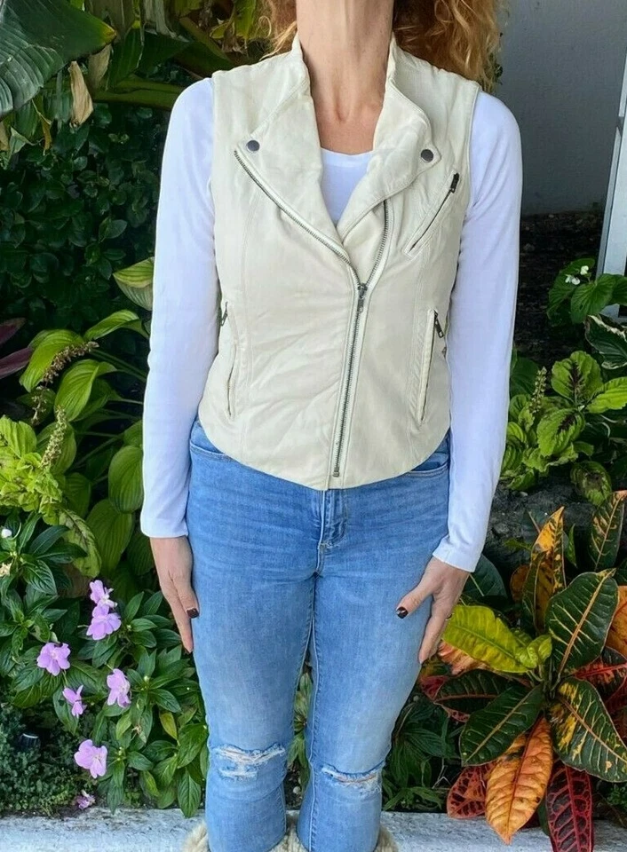 MUJER TEORÍA ZIDA MANTEQUILLA CORDERO CUERO HUESO BEIGE MOTO CHALECO CREMALLERAS $845 P Foto 2 de 4