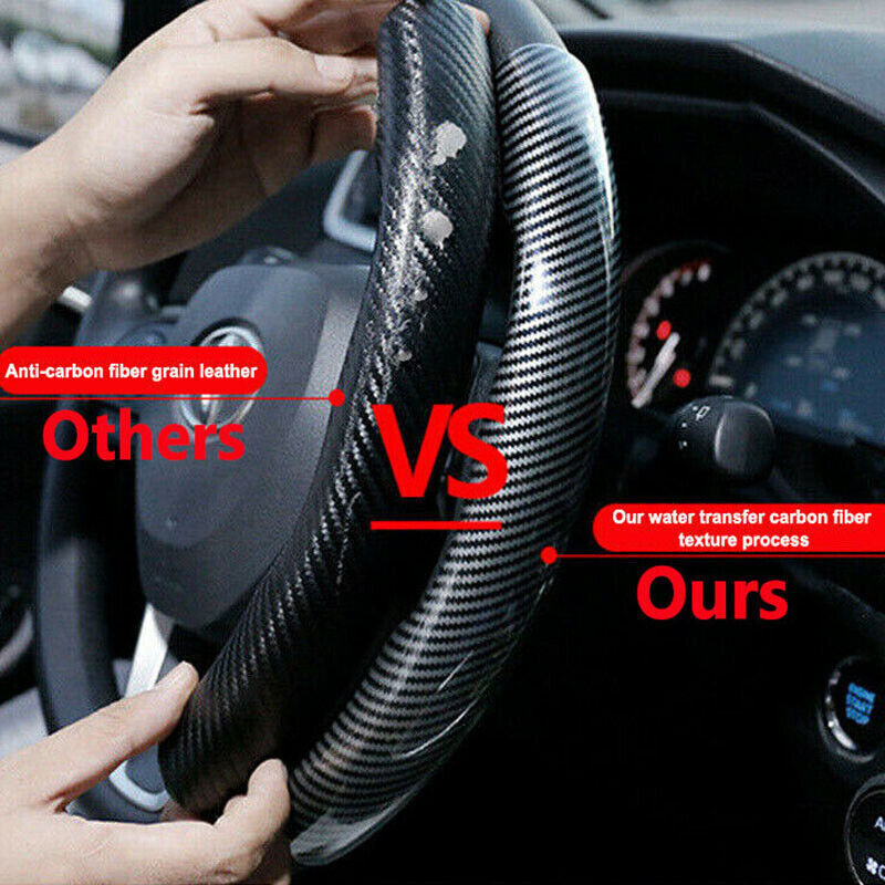 Steering Wheel Cover - Carbon Fiber Pattern, Non-Slip, Fits 14.5"-15" Wheels, Black