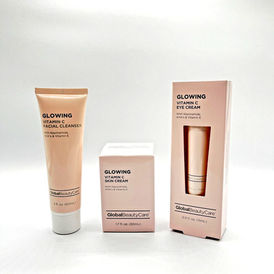 Global Beauty Care Lot of (3) Glowing Vitamin C Skin Cream Eye Cream & Cleanser