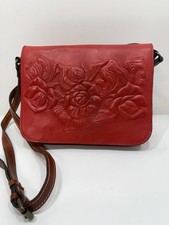 PATRICIA NASH Red Tooled Leather Pattern of Flowers Crossbody or Shoulder Bag