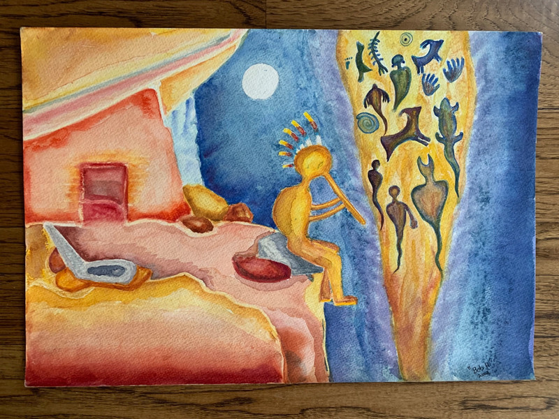 Watercolor AFTER Kokopelli Cave Drawings Moab Utah Signed Artist Bob. H 12x17.9"