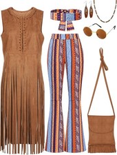 7 Pieces 60s 70s Women Hippie Costume Fringe Vest Bag Pant Headband For Disco