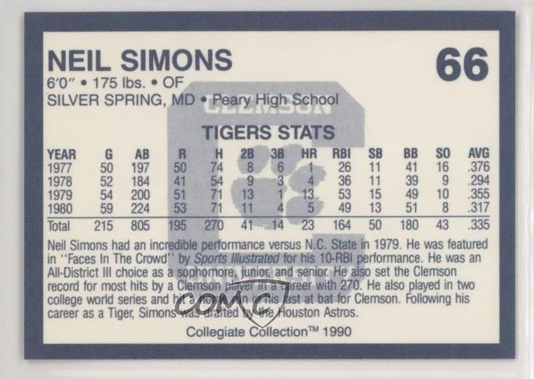 1990 Collegiate Collection Clemson Tigers Neil Simons #66 - Image 2 of 2