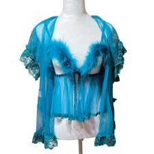 Vintage Frederick's of Hollywood Y2K Whimsigoth Fairy Teal Feather Babydoll Robe