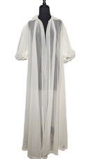 Vtg 60s VANITY FAIR White Sheer Chiffon Peignoir Robe Puff Sleeve Nylon Bridal