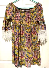 WIN WIN top shirt blouse Tunic L 12 Bust 40 Length 28 Pink yellow blue Lace
