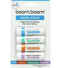 New 4 PACK BoomBoom Nasal Inhaler Stick Energy Boost Focus Aromatherapy Oil