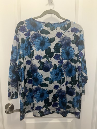 Cathy Daniels Damen Bluse grün, blau Blumen Schlüsselloch Strass 3/4 Slv Gr. XL - Bild 2 von 6
