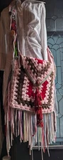Handmade Art Cross Body Purse Upcycled From Vintage Materials Crotched W Tassels