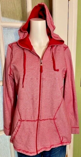 Womens Christopher & Banks Hoodie Red White Striped Long Sleeve Zip Up Pockets