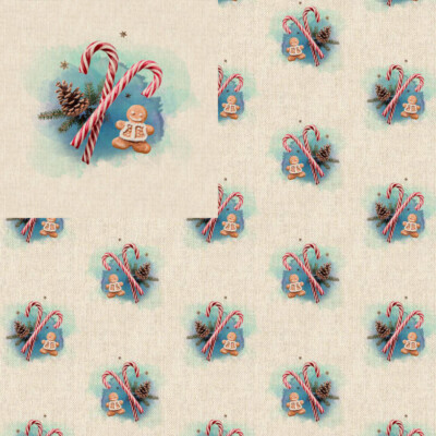 Baumwollreicher Leinenoptik Stoff Weihnachten Lebkuchenmann Zuckerstange oder Panel