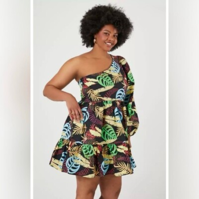 Forever 21 Tropical Palm One-Shoulder Puff Sleeve Tiered Ruffle
