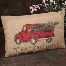 NEW RED TRUCK MERRY CHRISTMAS PILLOW with TREE Natural Burlap Pillow 12" x 8"