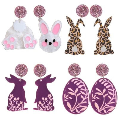 4 Pairs Easter Themed Ear Rings Chic Rabbit and Eggs Pendant Earrings for Party