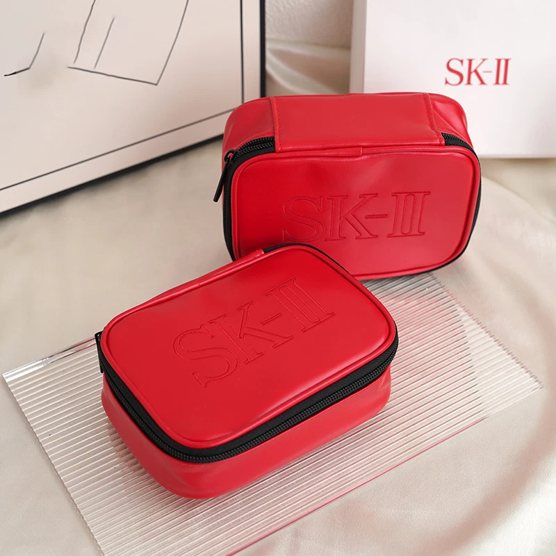 SKII Cosmetics Faux Leather Zip Makeup Bag in Red with Logo - image 3 of 4