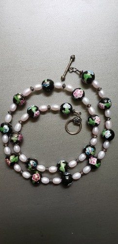 Vintage Cloisonne Necklace Enamel Beads, Roses, Pink Pearls & Sterling Silver - Picture 2 of 10