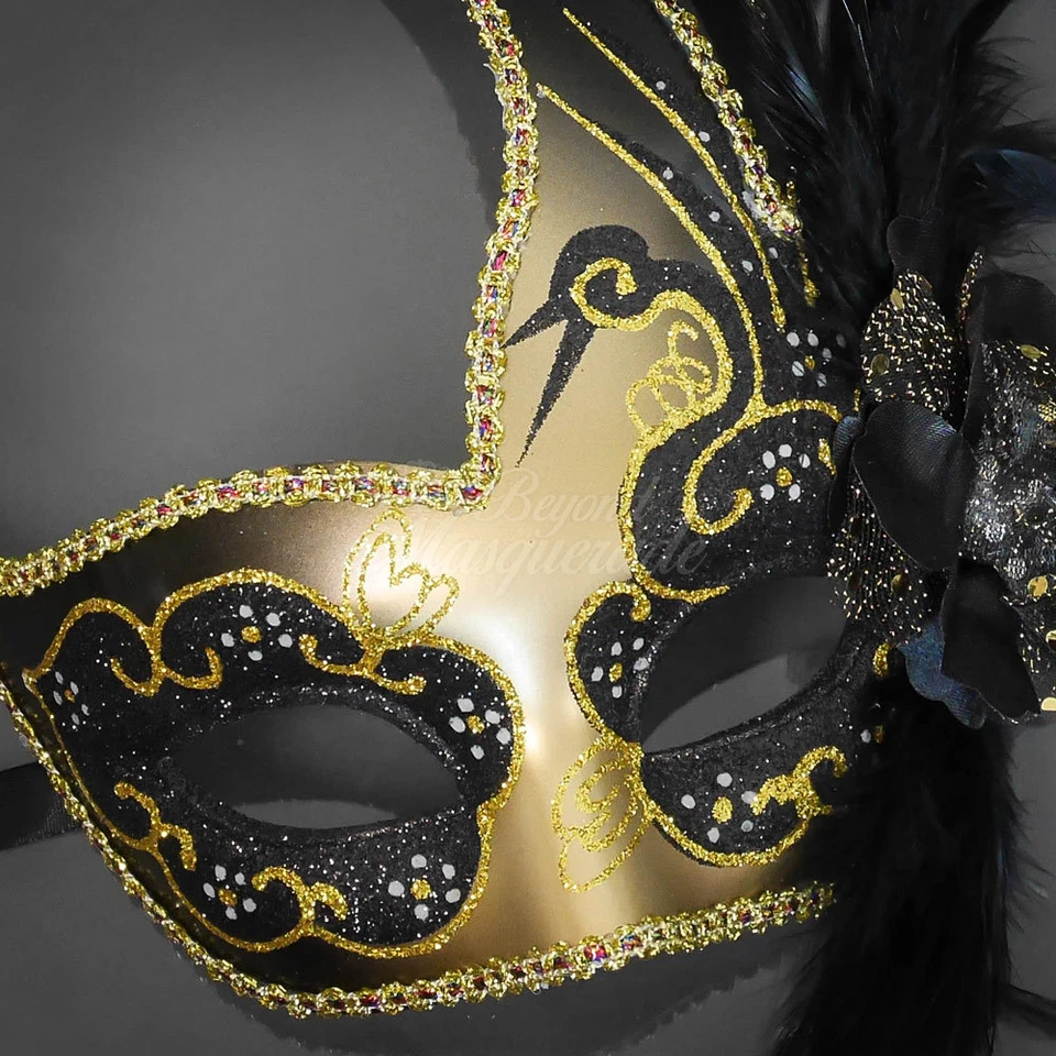Feather Venetian Mardi Gras Masquerade Mask for Women Gold Black M6131 - Image 3 of 4