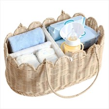 Premium Wicker Baby Diaper Caddy Organizer, Woven Scalloped Rattan Basket