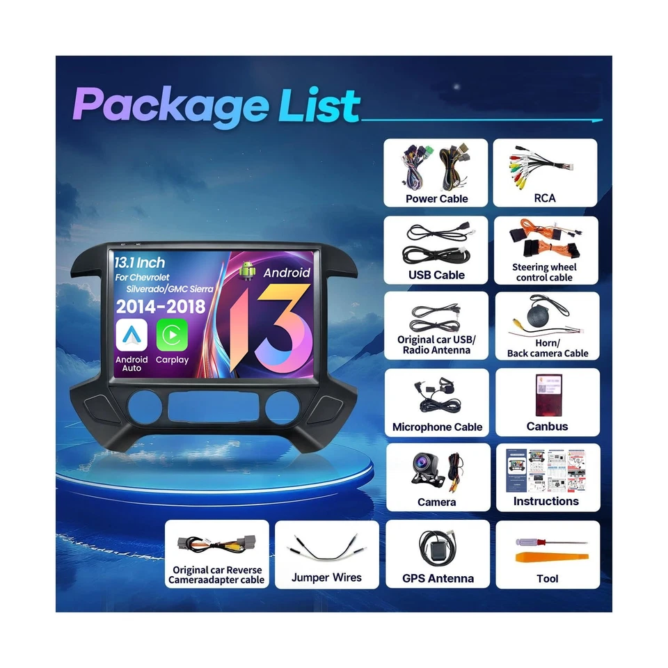 13,1-дюймовое радио стерео Carplay для Chevy Silverado GMC Sierra 1500 2500 3500 14-2018 - Изображение 4 из 4