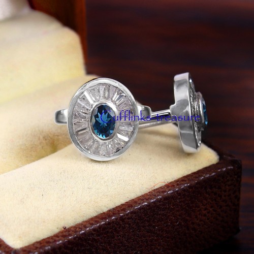 Natural London Blue topaz & C Z Gemstones with 925 Sterling Silver Cufflinks #3 - Picture 4 of 7