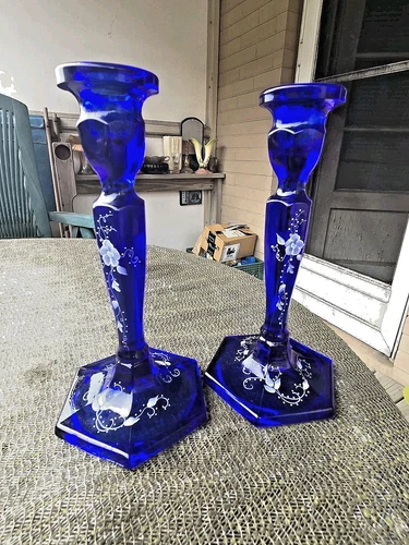 FENTON SIGNED COBALT BLUE J.K. SPINDLER ENAMELED #449 8" FLORENTINE CANDLESTICKS
