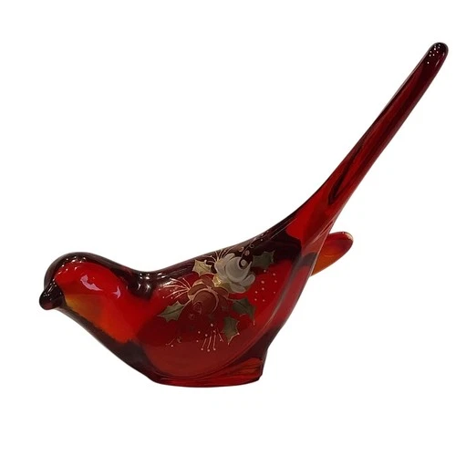 Vtg Fenton Glass Hand Painted Ruby Red BIRD OF HAPPINESS Roses Figurine Signed