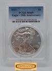 2011 Silver Eagle $1, PCGS MS69, 25Th Anniversary - #B61806
