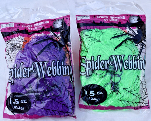 Lot 2 Spider Webbing Web Stretch Cobweb + 4 Spiders Halloween Decor Purple Grn - 第 1/4 張圖片