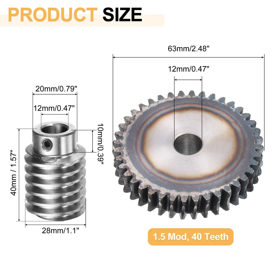 Conjunto de engrenagens sem-fim 1.5 módulo 40:1 engrenagem de taxa de redução - 12mm ID 63mm OD, haste 12mm furo - Imagem 2 de 4