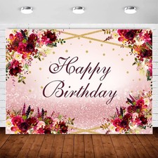 Burgundy Flower Happy Birthday Backdrop 7x5ft Thickened Silk Vinyl - Party