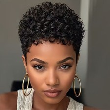 Short Curly Wig Black Synthetic Afro Tight Curls Pixie Cut Women 6"