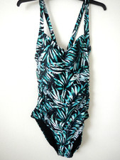 BLOOMCHIC Size 18/20 1 PIECE Black Teal Palm Print Ruched Cross Strap Swimsuit