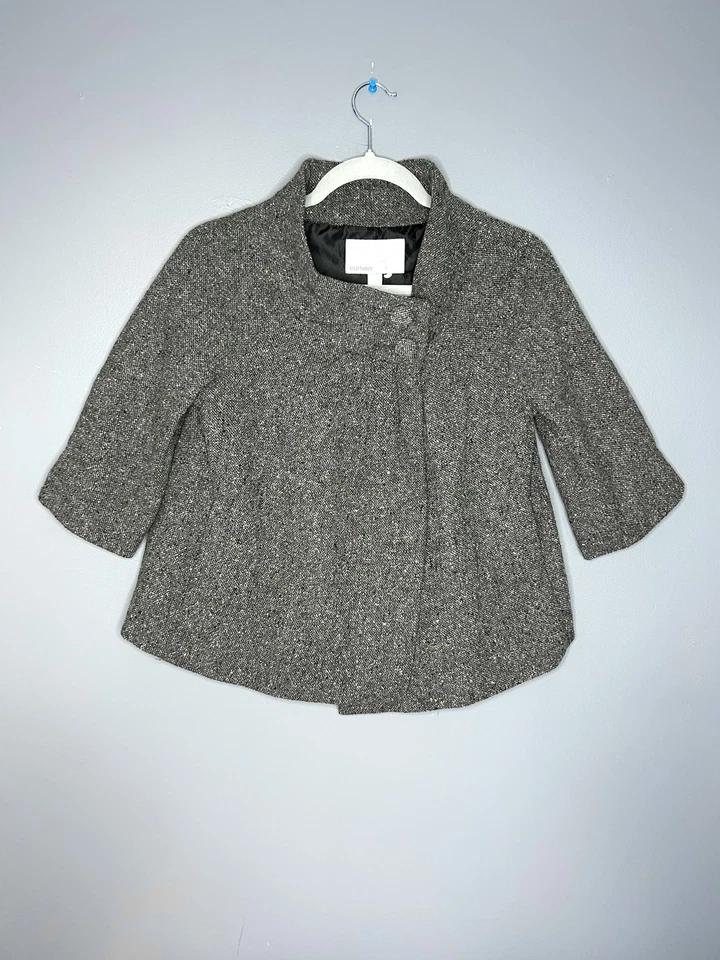 Old Navy Coat Womens S Crop Gray Wool Blend 3/4 Sleeve Button Tweed Jacket Twee - Image 2 of 4