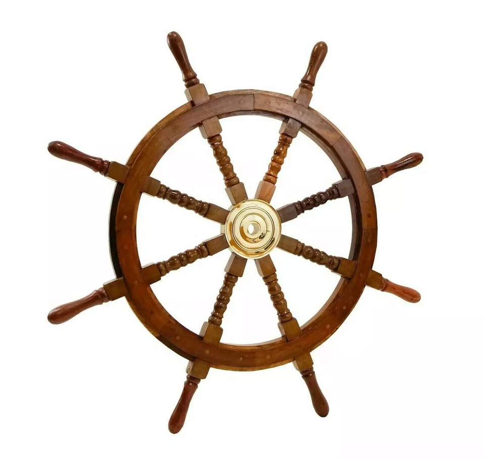 36 Inch Big Ship Steering Wheel Wooden Antique Teak Brass Nautical Pirate Ship's - Image 4 of 4