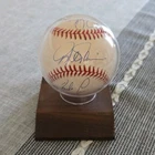 Autographed Baseball Texas Rangers Palmeiro, Mauer, Palmer and pitcher Leone.