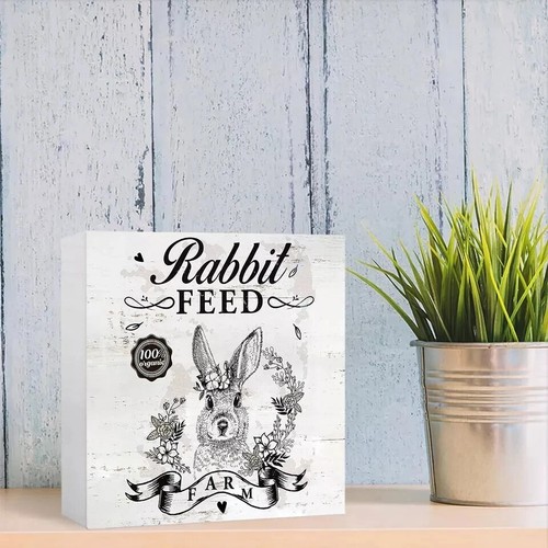 RABBIT FEED Wood Box Sign 5" x 5" For Table Decorations, White - Picture 2 of 5