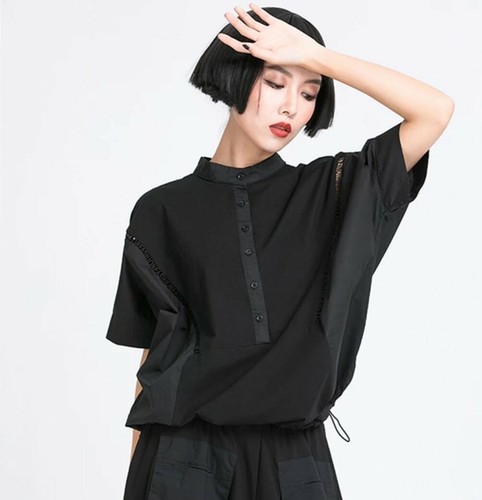 Ladies Black Urban Top Arty Design Casual Edgy Chic Loose Blouse Shirt 10 - Picture 10 of 13
