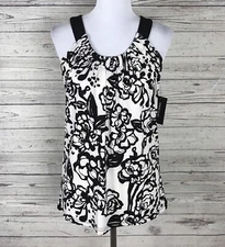 Rafaella Studio Womens Black White Floral Sleeveless Pleated Neck Top Size S NWT